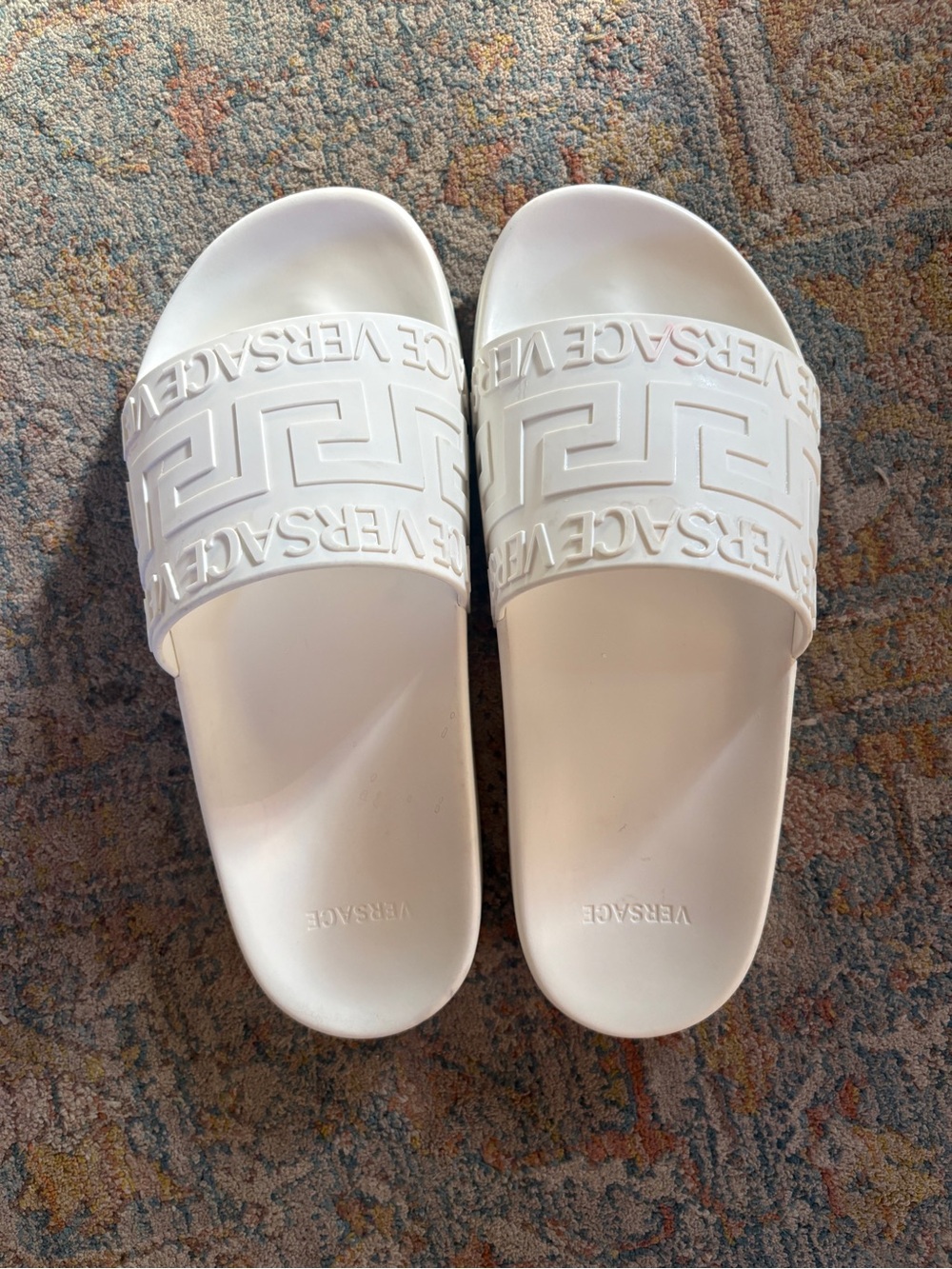 Versace White Embossed Greca Slide Sandals
